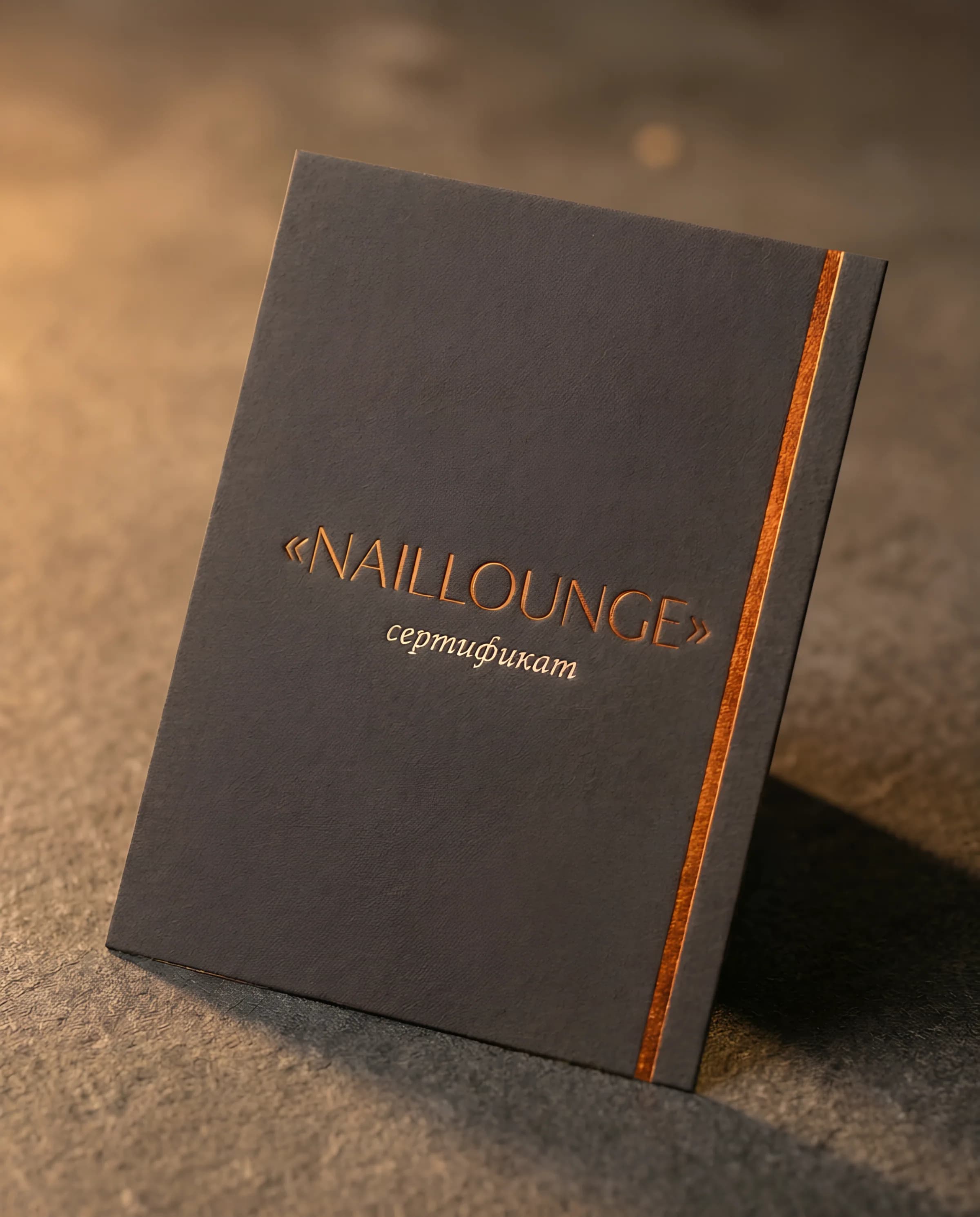 Подарочный сертификат NailLounge — премиальная карточка с тиснёным логотипом