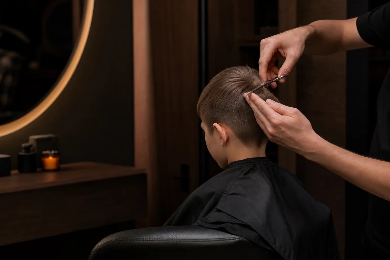 Мастер аккуратно стрижёт ребёнка в студии NailLounge